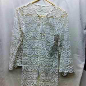 Sheer Knit Lace Long Sleeve Bodycon Dress Shirt Beach Coverup Small